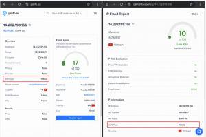 Kiểm tra độ trust định danh của Proxy Mobile 4G trên IPInfo và Scamalytics