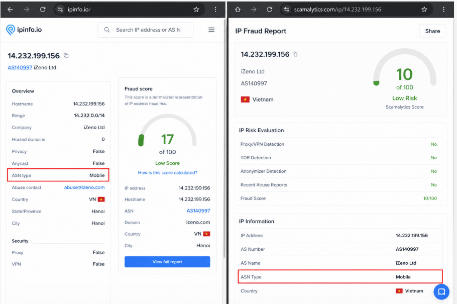 Kiểm tra độ trust định danh của Proxy Mobile 4G trên IPInfo và Scamalytics