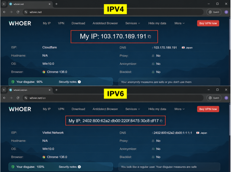 So sánh địa chỉ IPv4 và IPv6 thực tế trên các công cụ kiểm tra định danh IP sạch