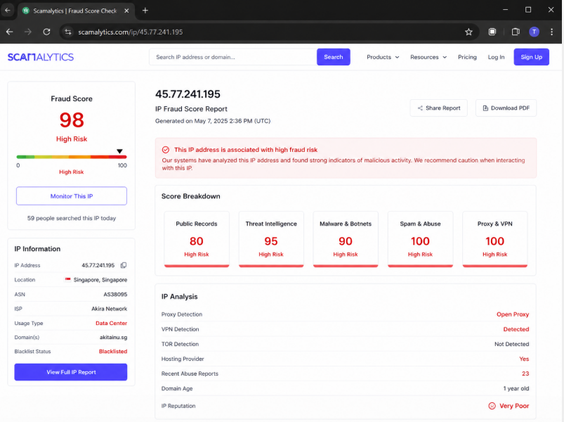 Proxy miễn phí có Fraud Score cao và dễ bị blacklist khi nuôi tài khoản MMO