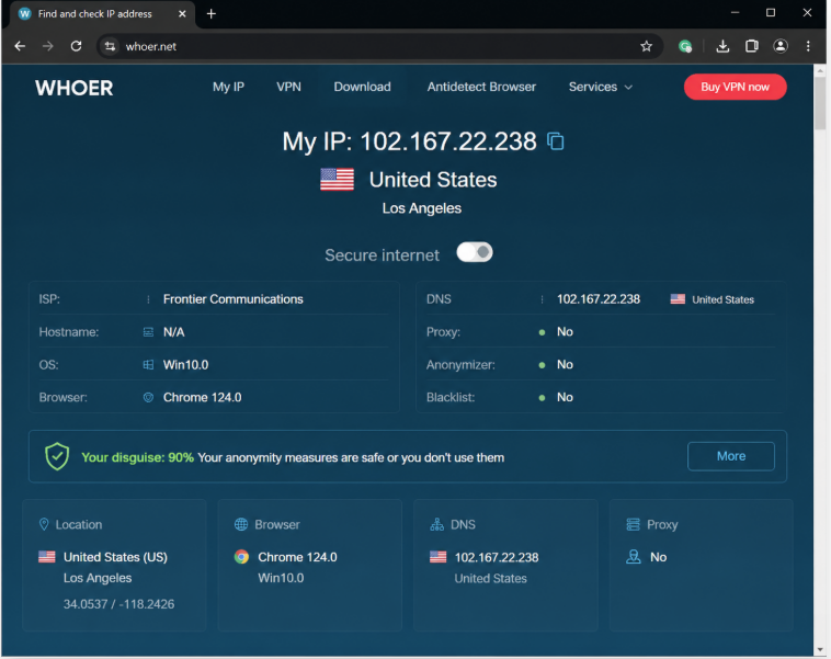 Kiểm tra IP thật sau khi fake IP bằng Proxy trên Whoer.net