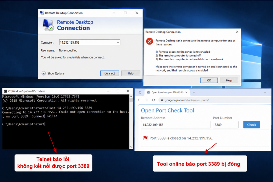 Cách sửa lỗi không kết nối được VPS Windows bằng kiểm tra port Remote Desktop 3389