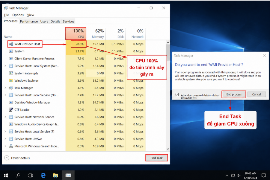 Cách kiểm tra VPS Windows bị lag do CPU 100 phần trăm bằng Task Manager