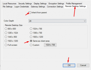 Bảng cấu hình tab Remote Desktop Settings tích chọn Same as client area và Scale docked trên phần mềm RDCMan